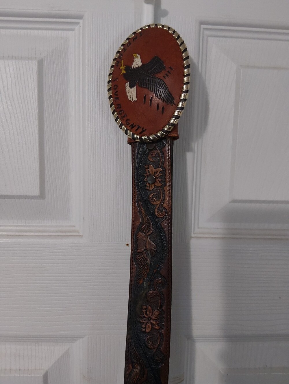 Tooled Leather Belt with Eagle Concho - Brown & Black